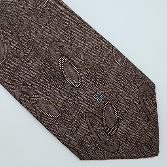 Givenchy Monsieur Necktie Geometric Brown Silk Blenc 3.25" W 57" L VTG Retro - Picture 1 of 7